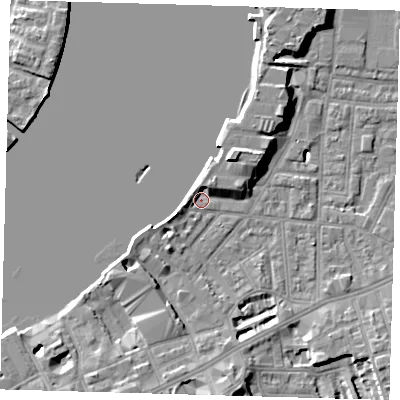 Shaded relief map of the ground around SE100FF, computed from Environment Agency LiDAR. The ground here sits at about 3 m above sea level and falls 9 m across the surrounding 800 m. Surface water reaching this point runs off ground lying to the north-east, 3.6 m higher.