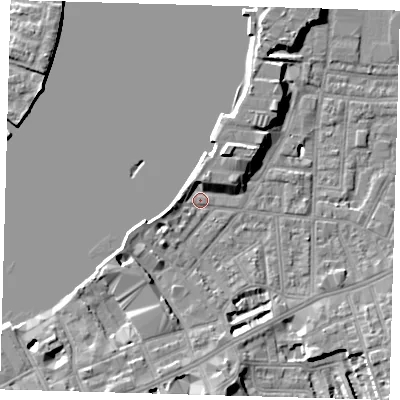 Shaded relief map of the ground around SE100FG, computed from Environment Agency LiDAR. The ground here sits at about 3 m above sea level and falls 9 m across the surrounding 800 m. Surface water reaching this point runs off ground lying to the north-north-east, 3.6 m higher.