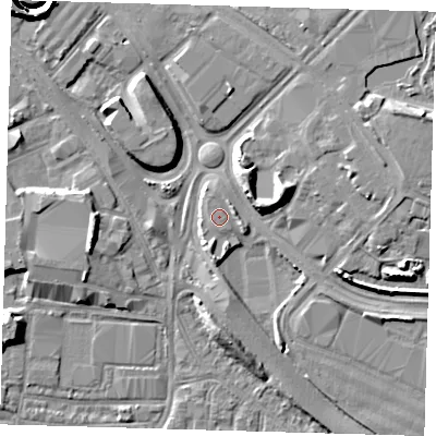 Shaded relief map of the ground around SE100GD, computed from Environment Agency LiDAR. The ground here sits at about 3 m above sea level and falls 13 m across the surrounding 800 m. Surface water reaching this point runs off ground lying to the south, 1.9 m higher.