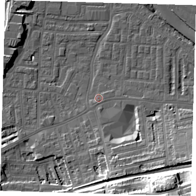 Shaded relief map of the ground around SE100GG, computed from Environment Agency LiDAR. The ground here sits at about 3 m above sea level and falls 33 m across the surrounding 800 m. Surface water reaching this point runs off ground lying to the south, 1.2 m higher.