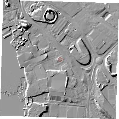 Shaded relief map of the ground around SE100GR, computed from Environment Agency LiDAR. The ground here sits at about 2 m above sea level and falls 16 m across the surrounding 800 m. Surface water reaching this point runs off ground lying to the south-south-east, 5.7 m higher.