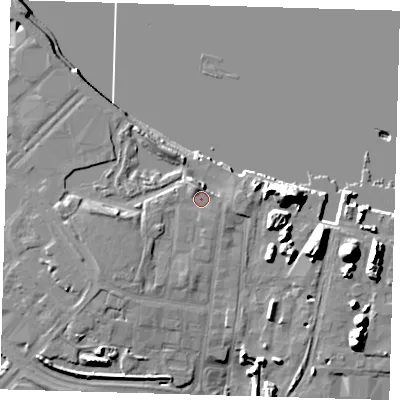 Shaded relief map of the ground around SE100GS, computed from Environment Agency LiDAR. The ground here sits at about 7 m above sea level and falls 19 m across the surrounding 800 m. Surface water reaching this point runs off ground lying to the north-north-west, 1.9 m higher.