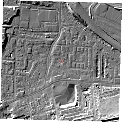 Shaded relief map of the ground around SE100HA, computed from Environment Agency LiDAR. The ground here sits at about 2 m above sea level and falls 18 m across the surrounding 800 m. Surface water reaching this point runs off ground lying to the south-south-west, 2.0 m higher.