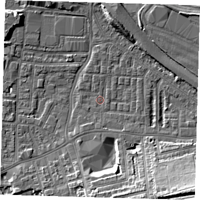 Shaded relief map of the ground around SE100HD, computed from Environment Agency LiDAR. The ground here sits at about 2 m above sea level and falls 19 m across the surrounding 800 m. Surface water reaching this point runs off ground lying to the south-south-west, 1.9 m higher.