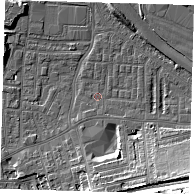 Shaded relief map of the ground around SE100HE, computed from Environment Agency LiDAR. The ground here sits at about 2 m above sea level and falls 30 m across the surrounding 800 m. Surface water reaching this point runs off ground lying to the south-south-west, 1.6 m higher.