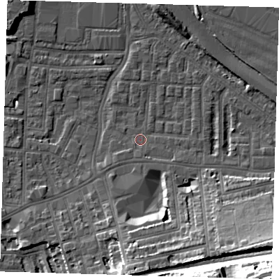 Shaded relief map of the ground around SE100HF, computed from Environment Agency LiDAR. The ground here sits at about 2 m above sea level and falls 35 m across the surrounding 800 m. Surface water reaching this point runs off ground lying to the south-west, 1.4 m higher.