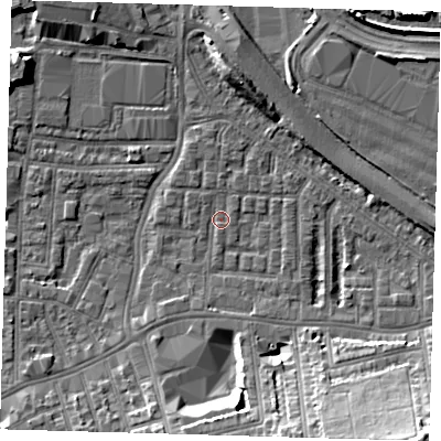 Shaded relief map of the ground around SE100HG, computed from Environment Agency LiDAR. The ground here sits at about 2 m above sea level and falls 16 m across the surrounding 800 m. Surface water reaching this point runs off ground lying to the south-east, 16.5 m higher.