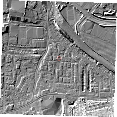 Shaded relief map of the ground around SE100HH, computed from Environment Agency LiDAR. The ground here sits at about 2 m above sea level and falls 9 m across the surrounding 800 m. Surface water reaching this point runs off ground lying to the north, 5.5 m higher.