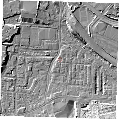 Shaded relief map of the ground around SE100HJ, computed from Environment Agency LiDAR. The ground here sits at about 2 m above sea level and falls 10 m across the surrounding 800 m. Surface water reaching this point runs off ground lying to the south-south-west, 2.6 m higher.