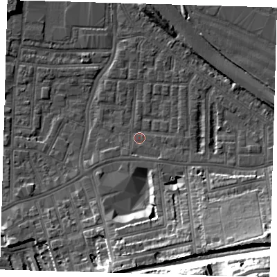 Shaded relief map of the ground around SE100HL, computed from Environment Agency LiDAR. The ground here sits at about 2 m above sea level and falls 34 m across the surrounding 800 m. Surface water reaching this point runs off ground lying to the south-south-west, 1.5 m higher.
