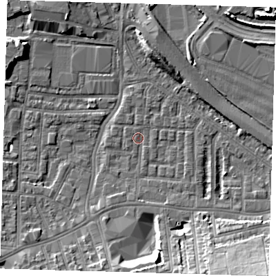 Shaded relief map of the ground around SE100HN, computed from Environment Agency LiDAR. The ground here sits at about 2 m above sea level and falls 14 m across the surrounding 800 m. Surface water reaching this point runs off ground lying to the west-south-west, 0.6 m higher.