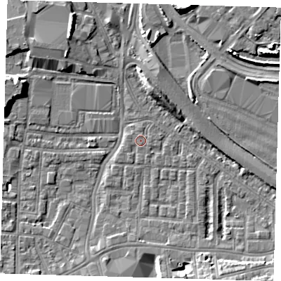 Shaded relief map of the ground around SE100HP, computed from Environment Agency LiDAR. The ground here sits at about 2 m above sea level and falls 10 m across the surrounding 800 m. Surface water reaching this point runs off ground lying to the east-north-east, 0.6 m higher.