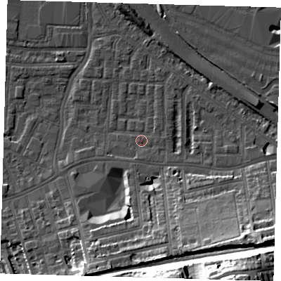 Shaded relief map of the ground around SE100HQ, computed from Environment Agency LiDAR. The ground here sits at about 3 m above sea level and falls 36 m across the surrounding 800 m. Surface water reaching this point runs off ground lying to the west-south-west, 1.3 m higher.