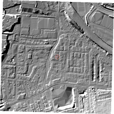 Shaded relief map of the ground around SE100HR, computed from Environment Agency LiDAR. The ground here sits at about 2 m above sea level and falls 14 m across the surrounding 800 m. Surface water reaching this point runs off ground lying to the south-south-west, 2.6 m higher.