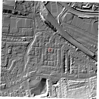 Shaded relief map of the ground around SE100HT, computed from Environment Agency LiDAR. The ground here sits at about 2 m above sea level and falls 12 m across the surrounding 800 m. Surface water reaching this point runs off ground lying to the south-east, 12.3 m higher.