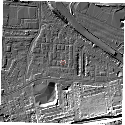 Shaded relief map of the ground around SE100HW, computed from Environment Agency LiDAR. The ground here sits at about 2 m above sea level and falls 29 m across the surrounding 800 m. Surface water reaching this point runs off ground lying to the east, 0.7 m higher.