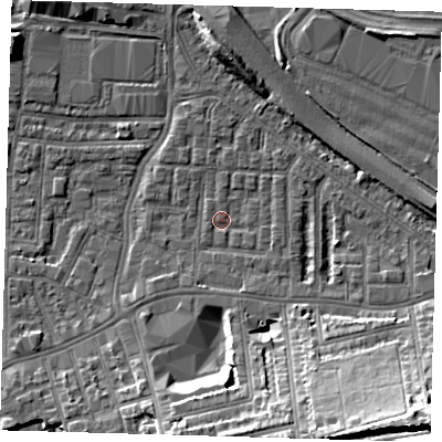 Shaded relief map of the ground around SE100JB, computed from Environment Agency LiDAR. The ground here sits at about 2 m above sea level and falls 23 m across the surrounding 800 m. Surface water reaching this point runs off ground lying to the south-east, 17.9 m higher.