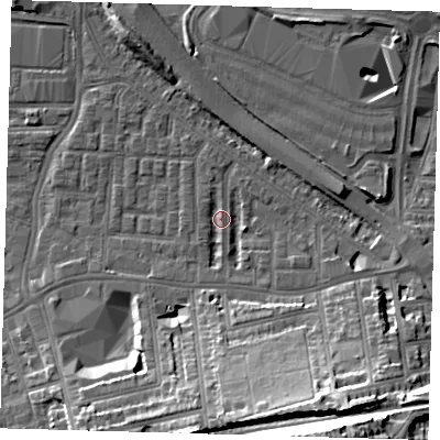 Shaded relief map of the ground around SE100JJ, computed from Environment Agency LiDAR. The ground here sits at about 2 m above sea level and falls 28 m across the surrounding 800 m. Surface water reaching this point runs off ground lying to the south-east, 18.3 m higher.