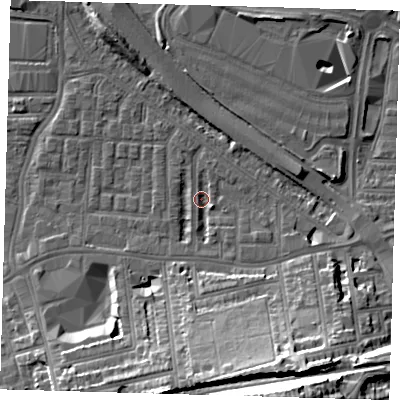 Shaded relief map of the ground around SE100JL, computed from Environment Agency LiDAR. The ground here sits at about 2 m above sea level and falls 29 m across the surrounding 800 m. Surface water reaching this point runs off ground lying to the south-south-east, 18.3 m higher.
