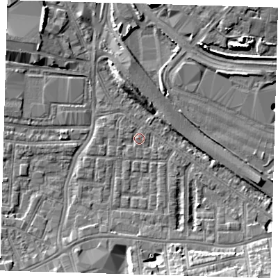 Shaded relief map of the ground around SE100JP, computed from Environment Agency LiDAR. The ground here sits at about 2 m above sea level and falls 10 m across the surrounding 800 m. Surface water reaching this point runs off ground lying to the north, 5.5 m higher.
