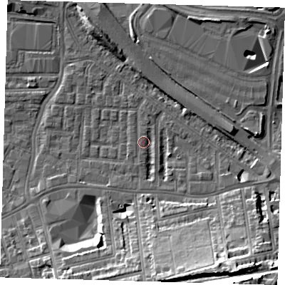 Shaded relief map of the ground around SE100JQ, computed from Environment Agency LiDAR. The ground here sits at about 3 m above sea level and falls 27 m across the surrounding 800 m. Surface water reaching this point runs off ground lying to the south, 1.8 m higher.