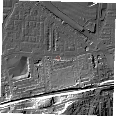 Shaded relief map of the ground around SE100JU, computed from Environment Agency LiDAR. The ground here sits at about 3 m above sea level and falls 41 m across the surrounding 800 m. Surface water reaching this point runs off ground lying to the south-east, 18.3 m higher.