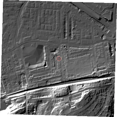 Shaded relief map of the ground around SE100JY, computed from Environment Agency LiDAR. The ground here sits at about 6 m above sea level and falls 40 m across the surrounding 800 m. Surface water reaching this point runs off ground lying to the south, 7.9 m higher.