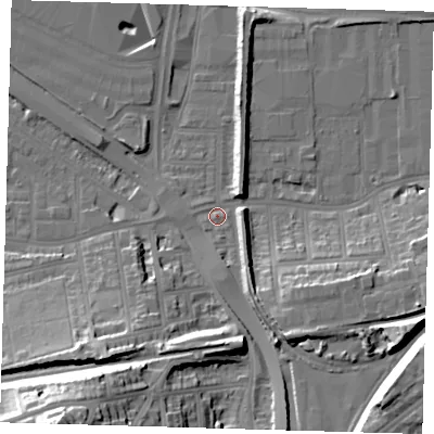 Shaded relief map of the ground around SE100LT, computed from Environment Agency LiDAR. The ground here sits at about 4 m above sea level and falls 40 m across the surrounding 800 m. Surface water reaching this point runs off ground lying to the south-west, 35.8 m higher.