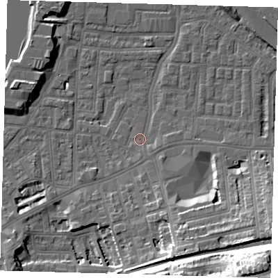 Shaded relief map of the ground around SE100NG, computed from Environment Agency LiDAR. The ground here sits at about 2 m above sea level and falls 33 m across the surrounding 800 m. Surface water reaching this point runs off ground lying to the south-east, 1.5 m higher.