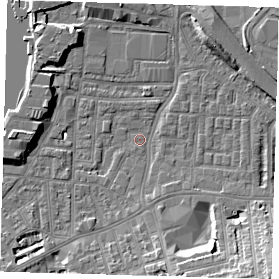 Shaded relief map of the ground around SE100NH, computed from Environment Agency LiDAR. The ground here sits at about 2 m above sea level and falls 15 m across the surrounding 800 m. Surface water reaching this point runs off ground lying to the south, 2.3 m higher.