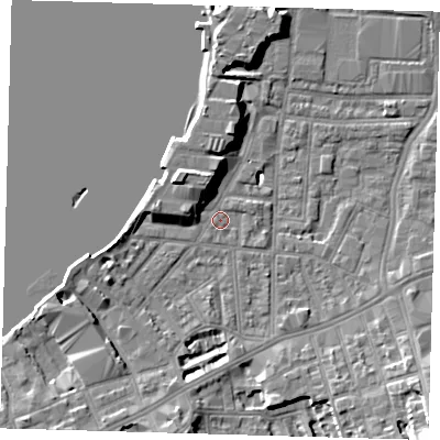 Shaded relief map of the ground around SE100NJ, computed from Environment Agency LiDAR. The ground here sits at about 3 m above sea level and falls 13 m across the surrounding 800 m. Surface water reaching this point runs off ground lying to the south-south-west, 0.8 m higher.