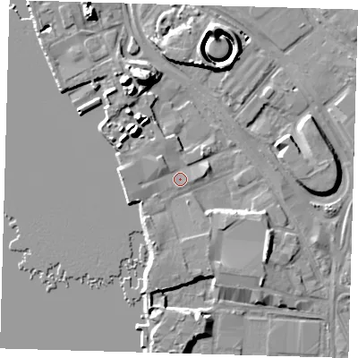 Shaded relief map of the ground around SE100NU, computed from Environment Agency LiDAR. The ground here sits at about 4 m above sea level and falls 16 m across the surrounding 800 m. Surface water reaching this point runs off ground lying to the west, 3.2 m higher.