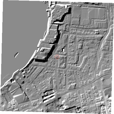 Shaded relief map of the ground around SE100NY, computed from Environment Agency LiDAR. The ground here sits at about 3 m above sea level and falls 12 m across the surrounding 800 m. Surface water reaching this point runs off ground lying to the west-north-west, 5.3 m higher.