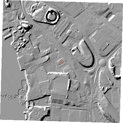 Shaded relief map of the ground around SE100PA, computed from Environment Agency LiDAR. The ground here sits at about 2 m above sea level and falls 16 m across the surrounding 800 m. Surface water reaching this point runs off ground lying to the south-south-east, 5.7 m higher.