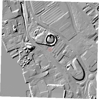 Shaded relief map of the ground around SE100PF, computed from Environment Agency LiDAR. The ground here sits at about 3 m above sea level and falls 17 m across the surrounding 800 m. Surface water reaching this point runs off ground lying to the north-north-east, 5.1 m higher.