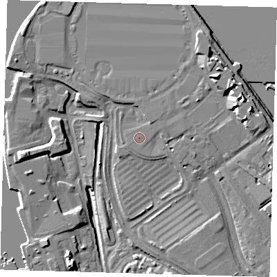 Shaded relief map of the ground around SE100PH, computed from Environment Agency LiDAR. The ground here sits at about 5 m above sea level and falls 15 m across the surrounding 800 m. Surface water reaching this point runs off ground lying to the north-east, 1.0 m higher.