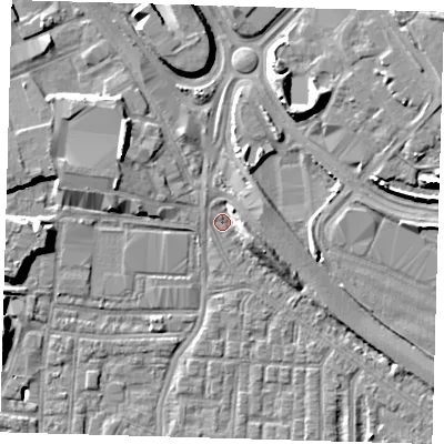 Shaded relief map of the ground around SE100PL, computed from Environment Agency LiDAR. The ground here sits at about 2 m above sea level and falls 10 m across the surrounding 800 m. Surface water reaching this point runs off ground lying to the east, 3.2 m higher.