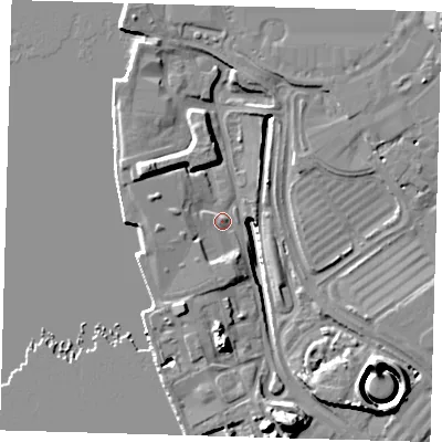 Shaded relief map of the ground around SE100PQ, computed from Environment Agency LiDAR. The ground here sits at about 3 m above sea level and falls 16 m across the surrounding 800 m. Surface water reaching this point runs off ground lying to the south, 14.6 m higher.