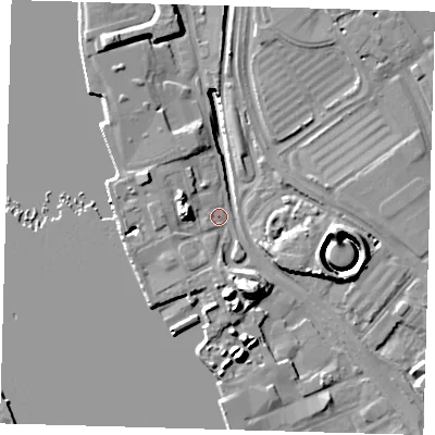 Shaded relief map of the ground around SE100PT, computed from Environment Agency LiDAR. The ground here sits at about 2 m above sea level and falls 17 m across the surrounding 800 m. Surface water reaching this point runs off ground lying to the south, 11.0 m higher.