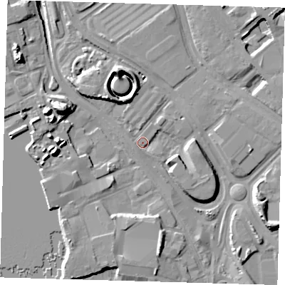 Shaded relief map of the ground around SE100PU, computed from Environment Agency LiDAR. The ground here sits at about 3 m above sea level and falls 16 m across the surrounding 800 m. Surface water reaching this point runs off ground lying to the south, 11.4 m higher.