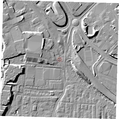 Shaded relief map of the ground around SE100PW, computed from Environment Agency LiDAR. The ground here sits at about 3 m above sea level and falls 8 m across the surrounding 800 m. Surface water reaching this point runs off ground lying to the west-north-west, 1.3 m higher.