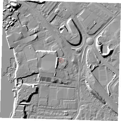 Shaded relief map of the ground around SE100PX, computed from Environment Agency LiDAR. The ground here sits at about 4 m above sea level and falls 12 m across the surrounding 800 m. Surface water reaching this point runs off ground lying to the west, 3.6 m higher.
