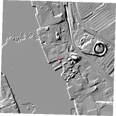 Shaded relief map of the ground around SE100QE, computed from Environment Agency LiDAR. The ground here sits at about 5 m above sea level and falls 17 m across the surrounding 800 m. Surface water reaching this point runs off ground lying to the south-west, 2.1 m higher.