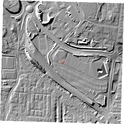 Shaded relief map of the ground around SE100QJ, computed from Environment Agency LiDAR. The ground here sits at about 3 m above sea level and falls 10 m across the surrounding 800 m. Surface water reaching this point runs off ground lying to the east-north-east, 2.0 m higher.