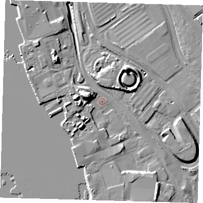 Shaded relief map of the ground around SE100QW, computed from Environment Agency LiDAR. The ground here sits at about 2 m above sea level and falls 17 m across the surrounding 800 m. Surface water reaching this point runs off ground lying to the south-west, 10.5 m higher.