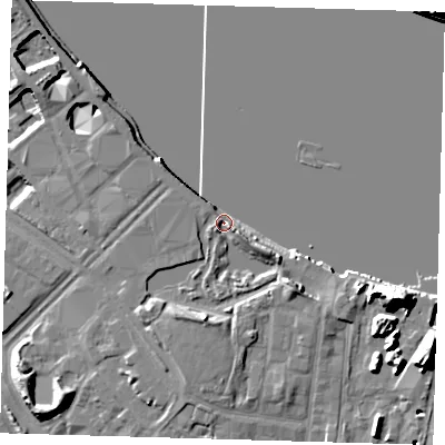 Shaded relief map of the ground around SE100QZ, computed from Environment Agency LiDAR. The ground here sits at about 5 m above sea level and falls 18 m across the surrounding 800 m. Surface water reaching this point runs off ground lying to the south-south-west, 6.8 m higher.