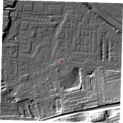 Shaded relief map of the ground around SE100RA, computed from Environment Agency LiDAR. The ground here sits at about 3 m above sea level and falls 38 m across the surrounding 800 m. Surface water reaching this point runs off ground lying to the south-east, 12.7 m higher.