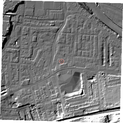 Shaded relief map of the ground around SE100RB, computed from Environment Agency LiDAR. The ground here sits at about 3 m above sea level and falls 32 m across the surrounding 800 m. Surface water reaching this point runs off ground lying to the south, 1.1 m higher.