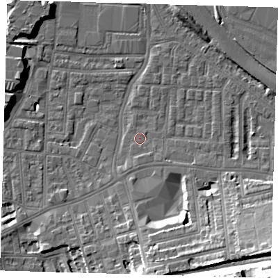 Shaded relief map of the ground around SE100RE, computed from Environment Agency LiDAR. The ground here sits at about 2 m above sea level and falls 29 m across the surrounding 800 m. Surface water reaching this point runs off ground lying to the south, 1.6 m higher.