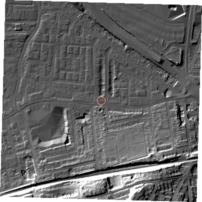 Shaded relief map of the ground around SE100RF, computed from Environment Agency LiDAR. The ground here sits at about 3 m above sea level and falls 42 m across the surrounding 800 m. Surface water reaching this point runs off ground lying to the south, 15.0 m higher.